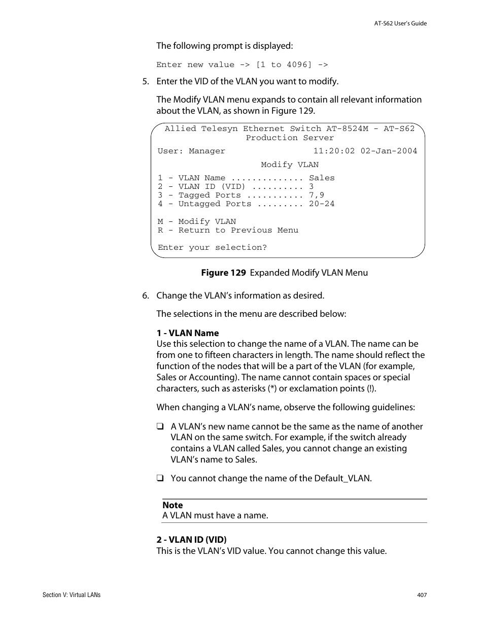 Figure 129: expanded modify vlan menu | Allied Telesis AT-S62 User Manual | Page 407 / 862