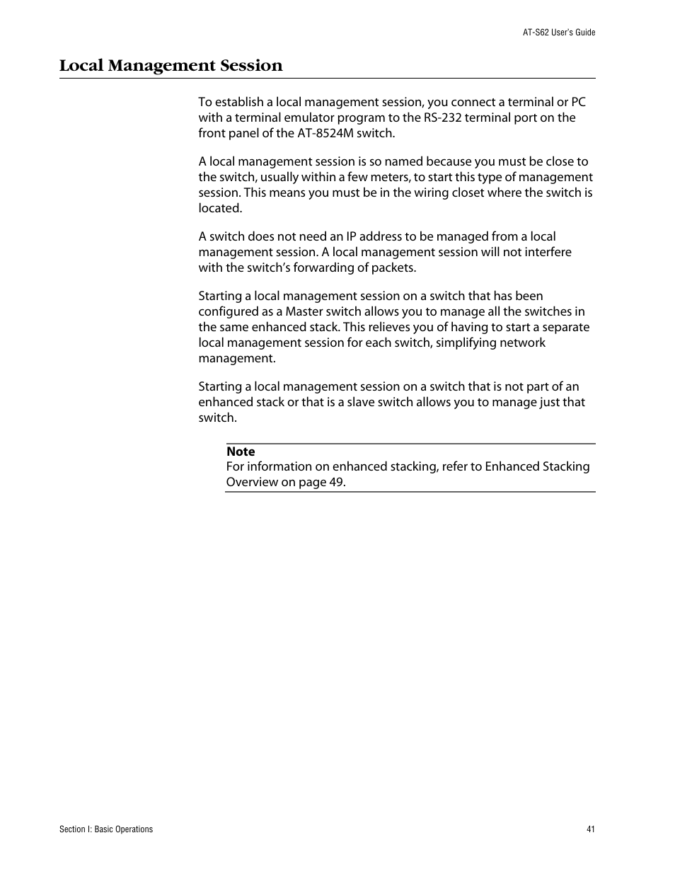 Local management session | Allied Telesis AT-S62 User Manual | Page 41 / 862