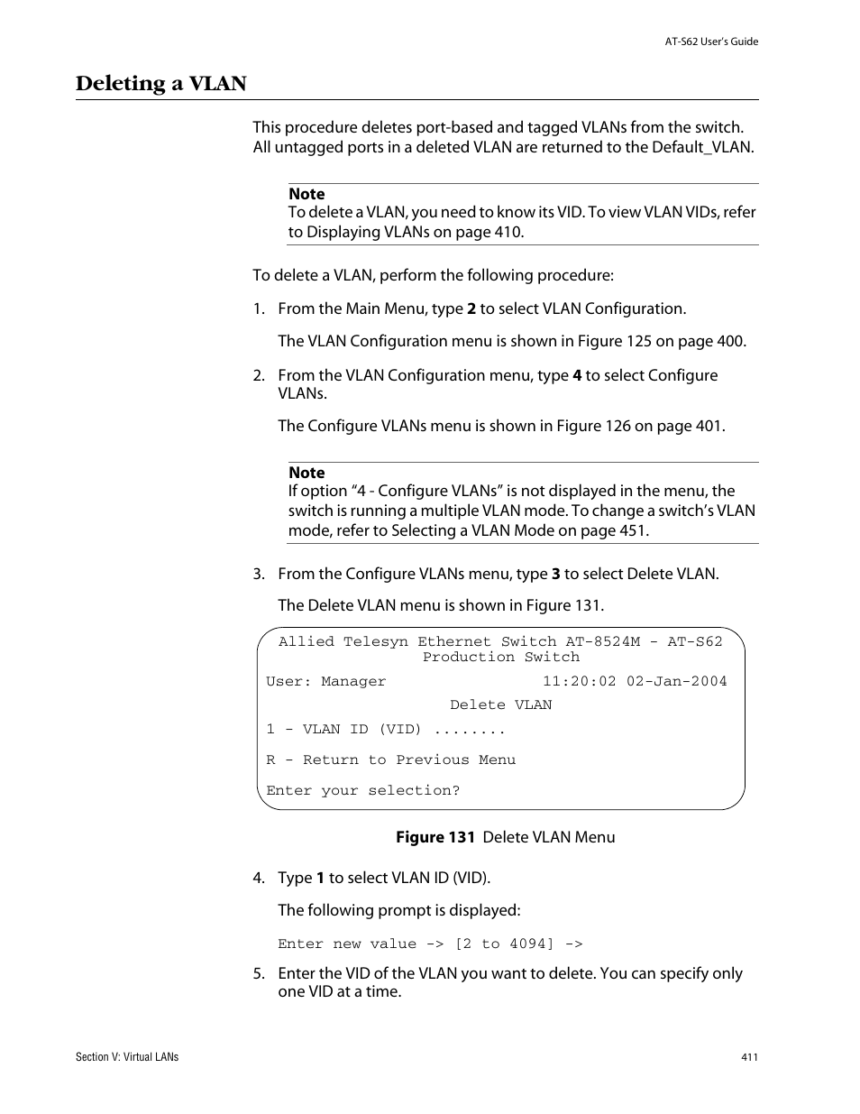 Deleting a vlan, Figure 131: delete vlan menu | Allied Telesis AT-S62 User Manual | Page 411 / 862