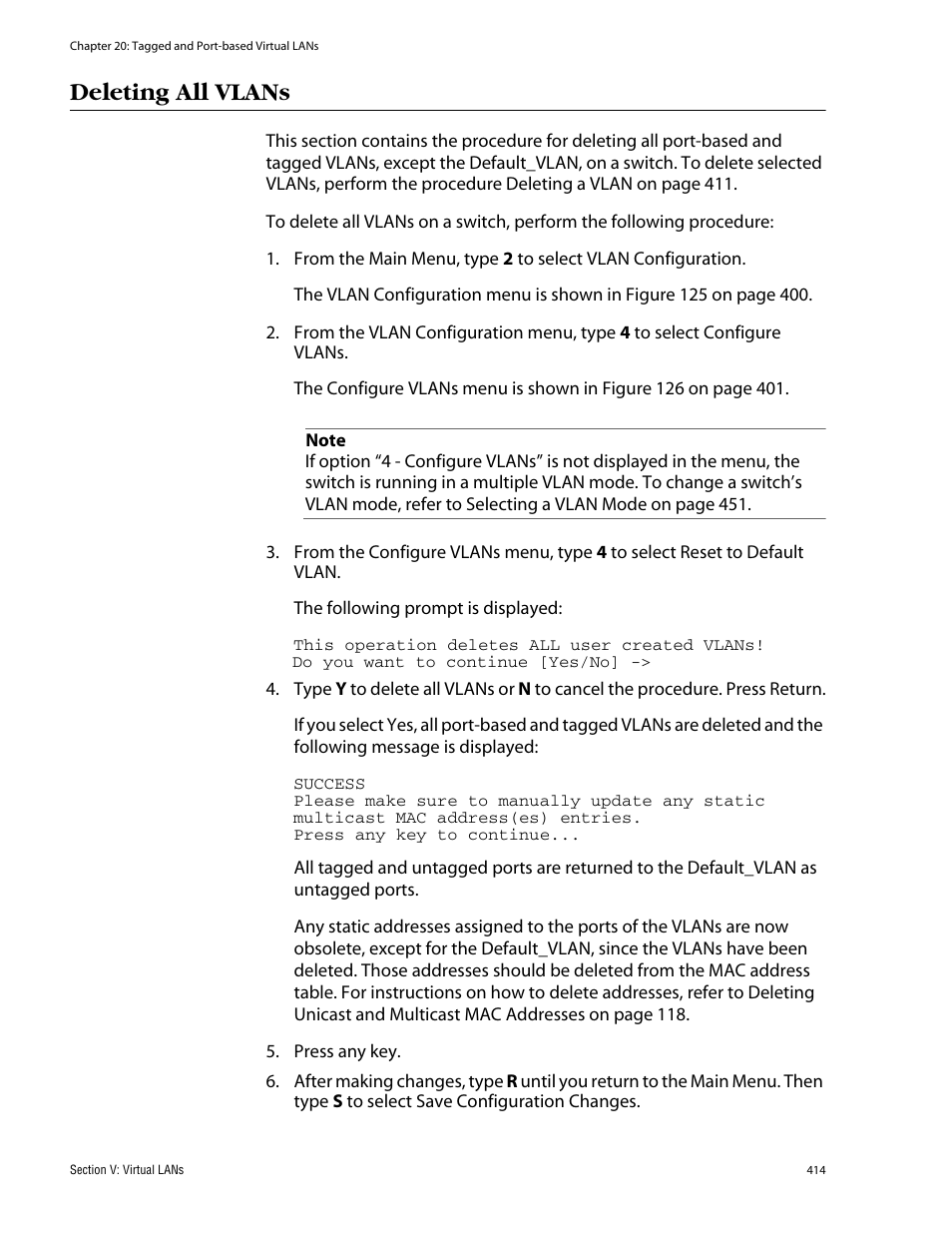 Deleting all vlans | Allied Telesis AT-S62 User Manual | Page 414 / 862