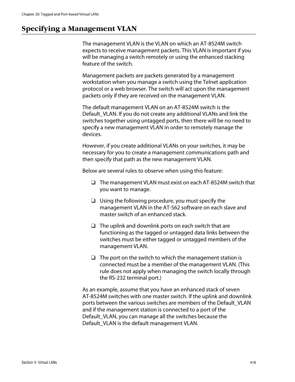 Specifying a management vlan | Allied Telesis AT-S62 User Manual | Page 418 / 862