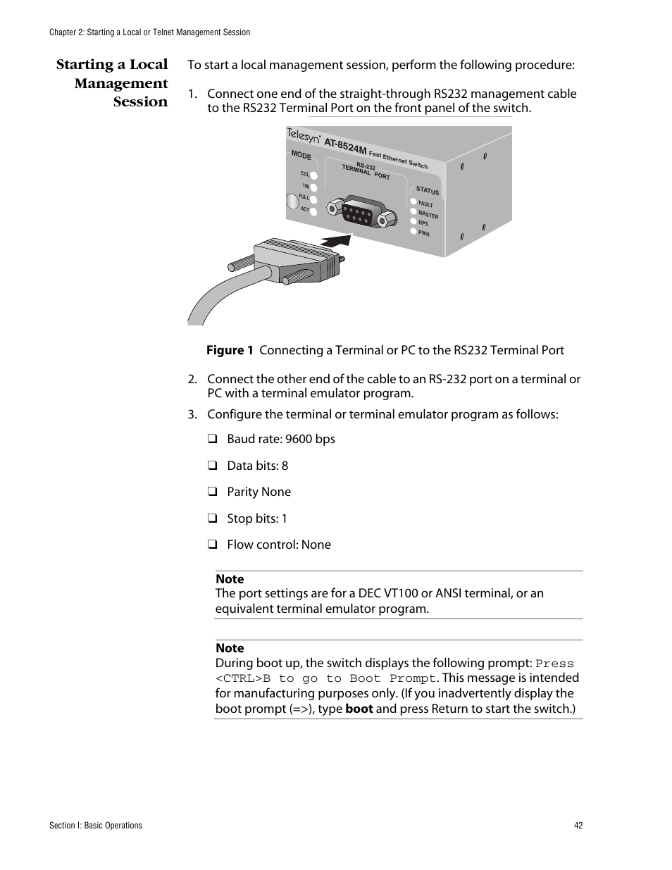 Starting a local management session | Allied Telesis AT-S62 User Manual | Page 42 / 862