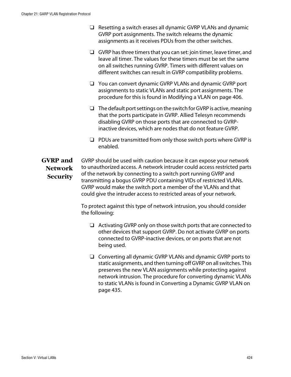 Gvrp and network security | Allied Telesis AT-S62 User Manual | Page 424 / 862