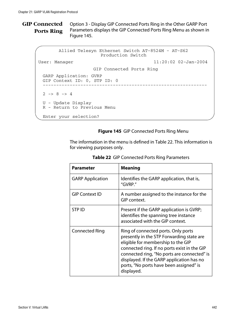 Gip connected ports ring, Figure 145: gip connected ports ring menu | Allied Telesis AT-S62 User Manual | Page 442 / 862