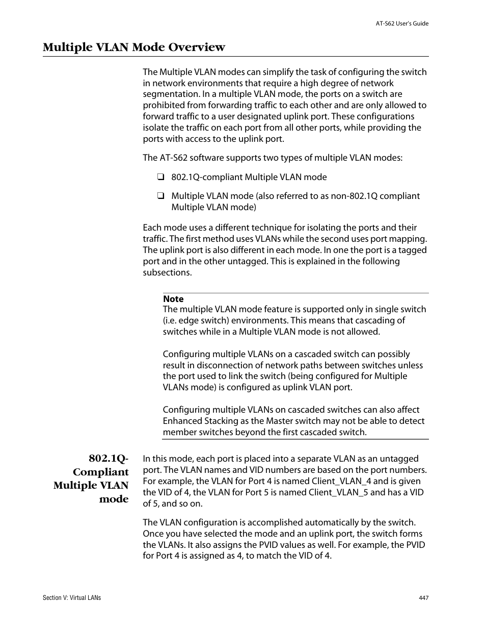 Multiple vlan mode overview, 1q- compliant multiple vlan mode | Allied Telesis AT-S62 User Manual | Page 447 / 862