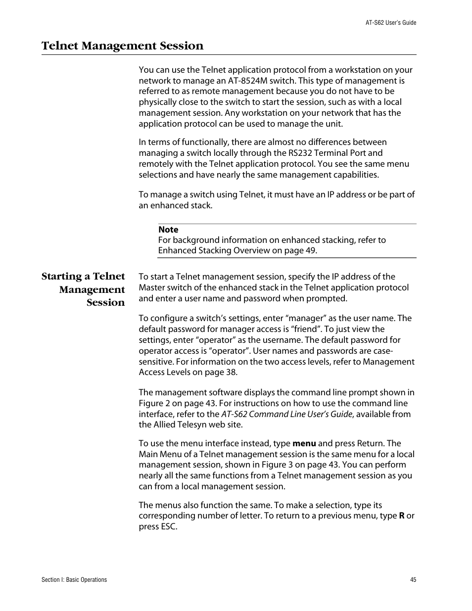 Telnet management session, Starting a telnet management session | Allied Telesis AT-S62 User Manual | Page 45 / 862