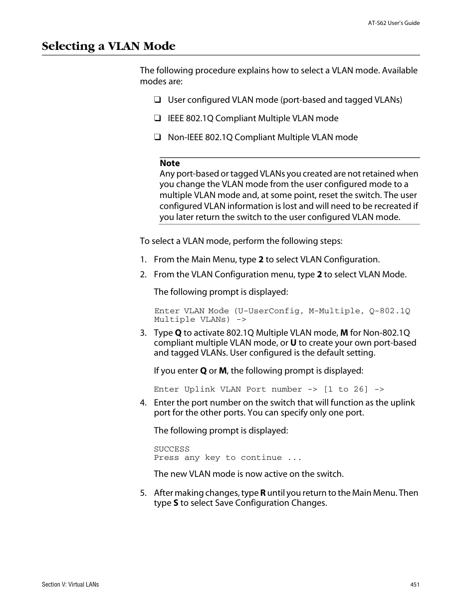 Selecting a vlan mode | Allied Telesis AT-S62 User Manual | Page 451 / 862