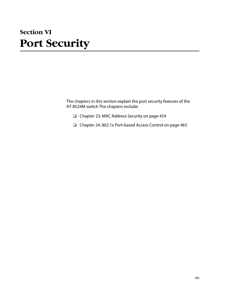 Section vi, Port security, Section vi port security | Allied Telesis AT-S62 User Manual | Page 453 / 862