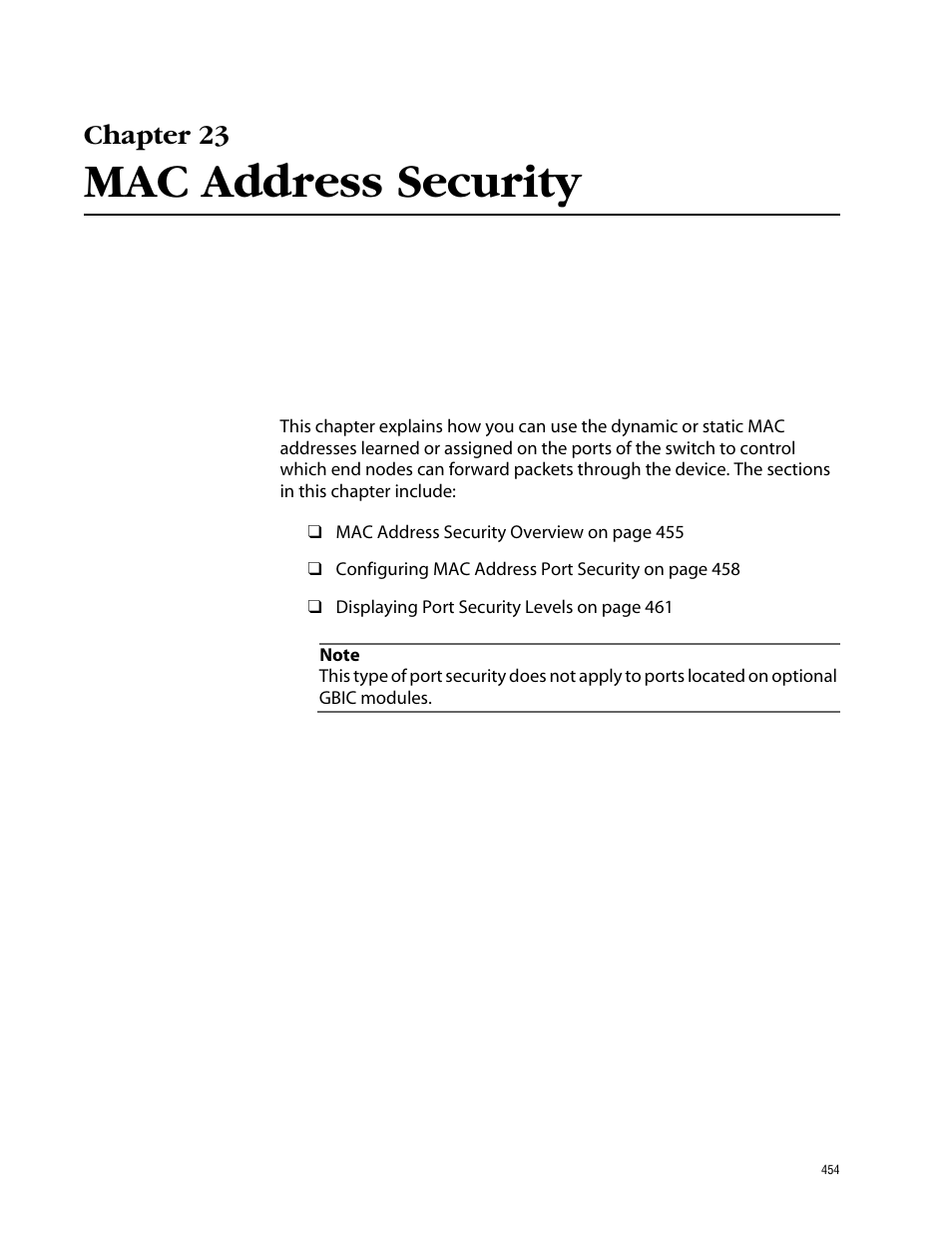 Chapter 23, Mac address security, Chapter 23 mac address security | Allied Telesis AT-S62 User Manual | Page 454 / 862