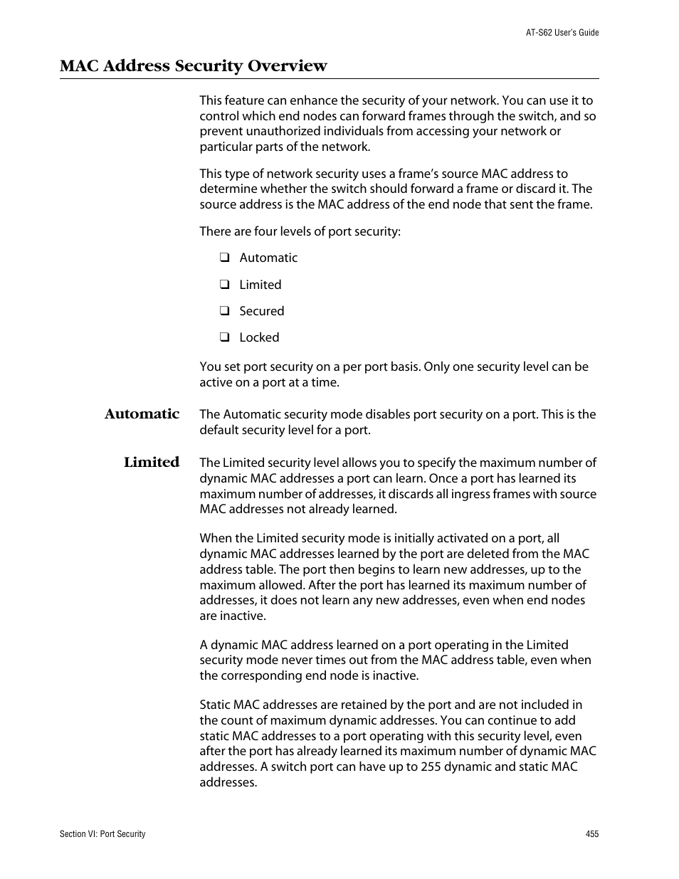 Mac address security overview, Automatic, Limited | Automatic limited | Allied Telesis AT-S62 User Manual | Page 455 / 862