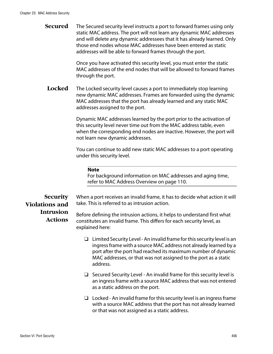 Secured, Locked, Security violations and intrusion actions | Allied Telesis AT-S62 User Manual | Page 456 / 862