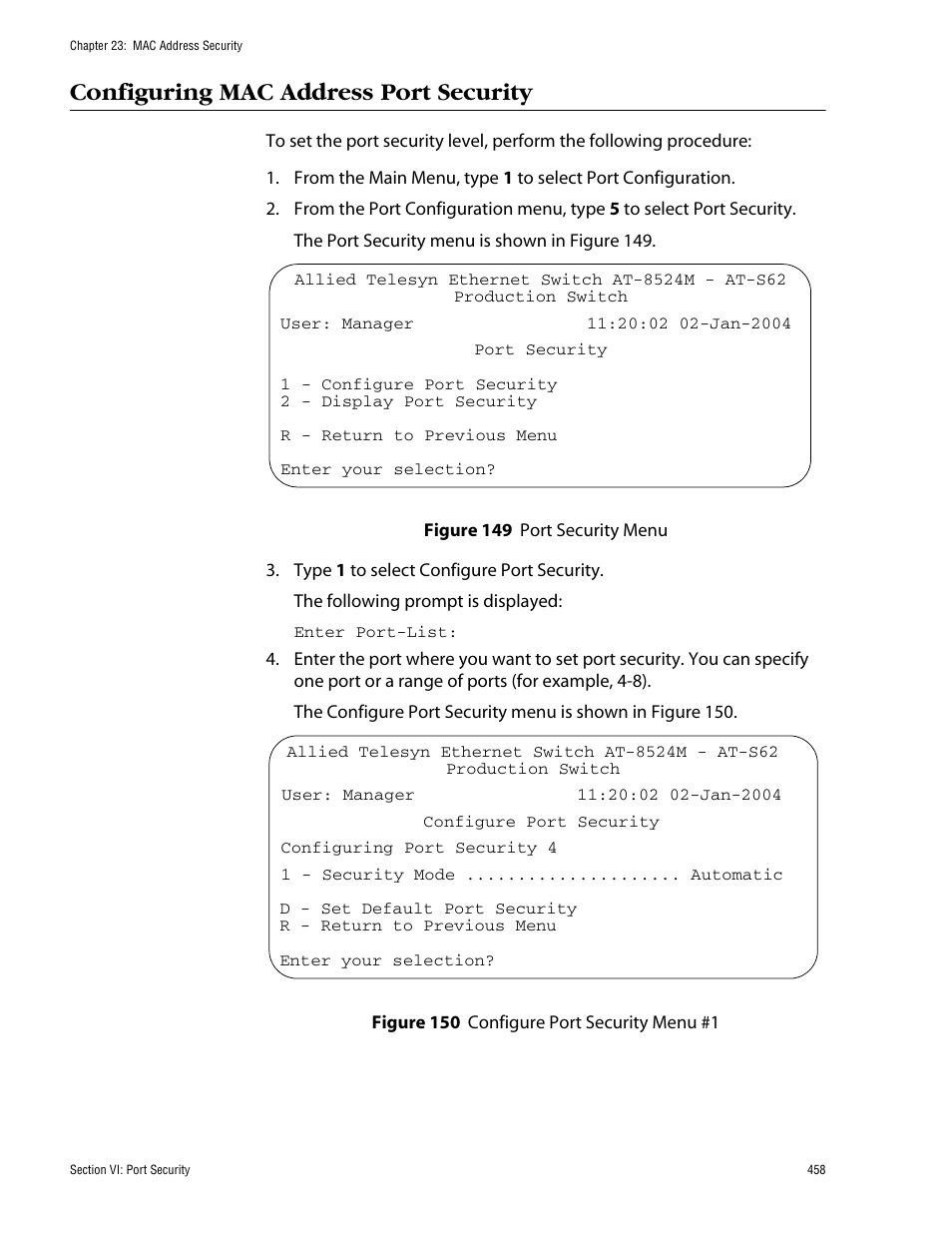 Configuring mac address port security | Allied Telesis AT-S62 User Manual | Page 458 / 862