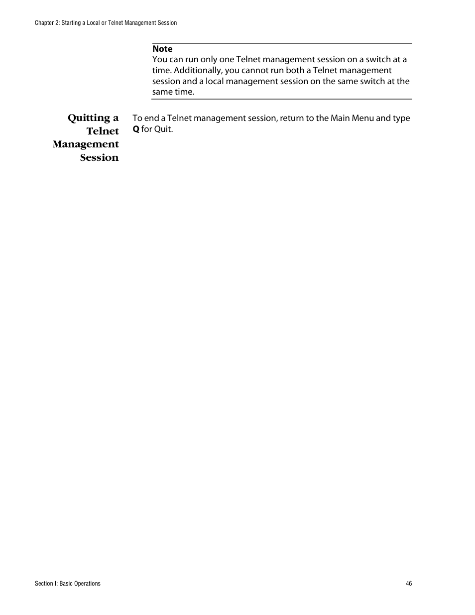 Quitting a telnet management session | Allied Telesis AT-S62 User Manual | Page 46 / 862