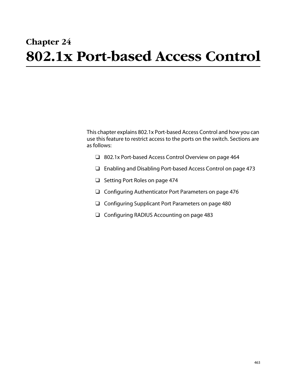 Chapter 24, 1x port-based access control, Chapter 24 802.1x port-based access control | Allied Telesis AT-S62 User Manual | Page 463 / 862