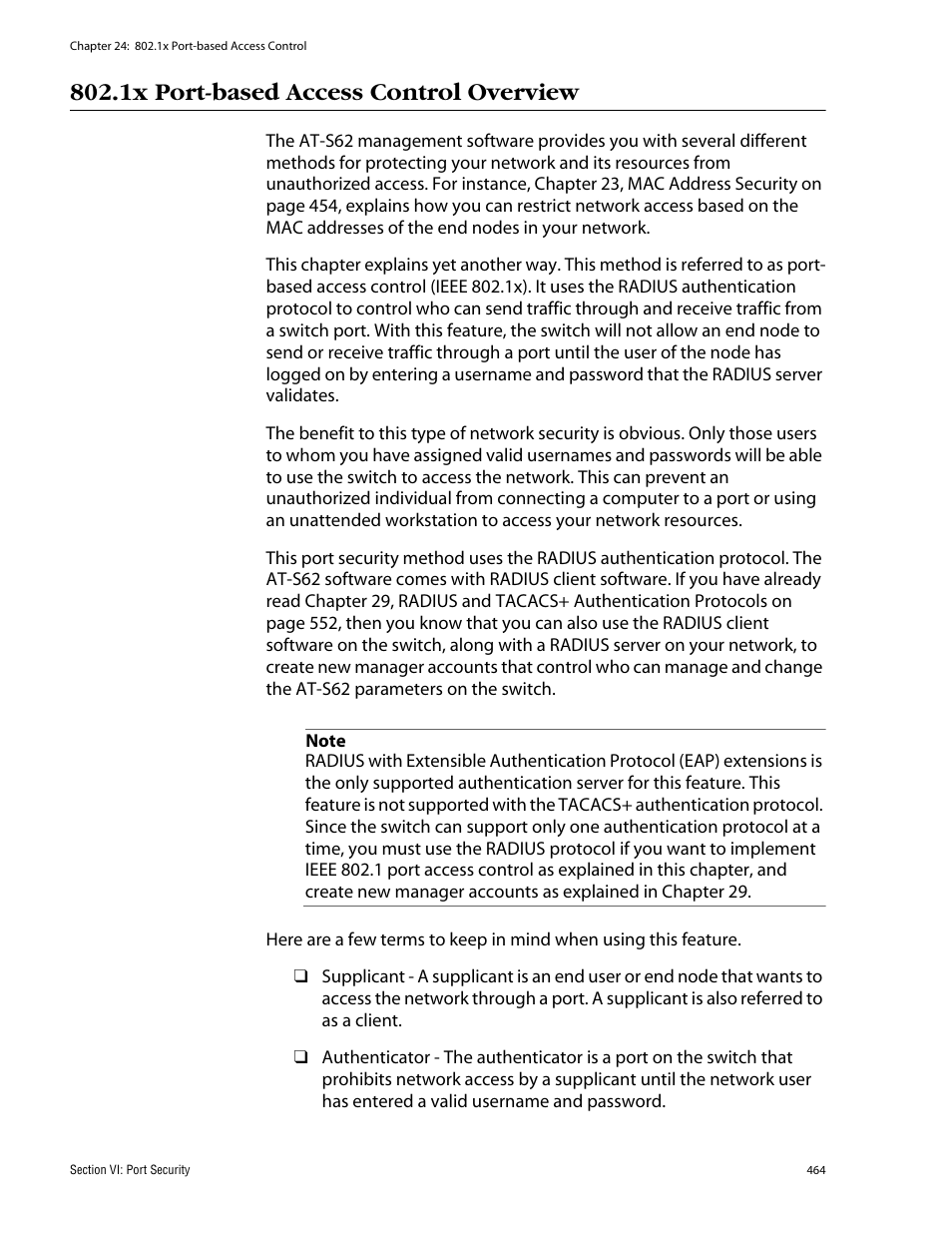 1x port-based access control overview | Allied Telesis AT-S62 User Manual | Page 464 / 862