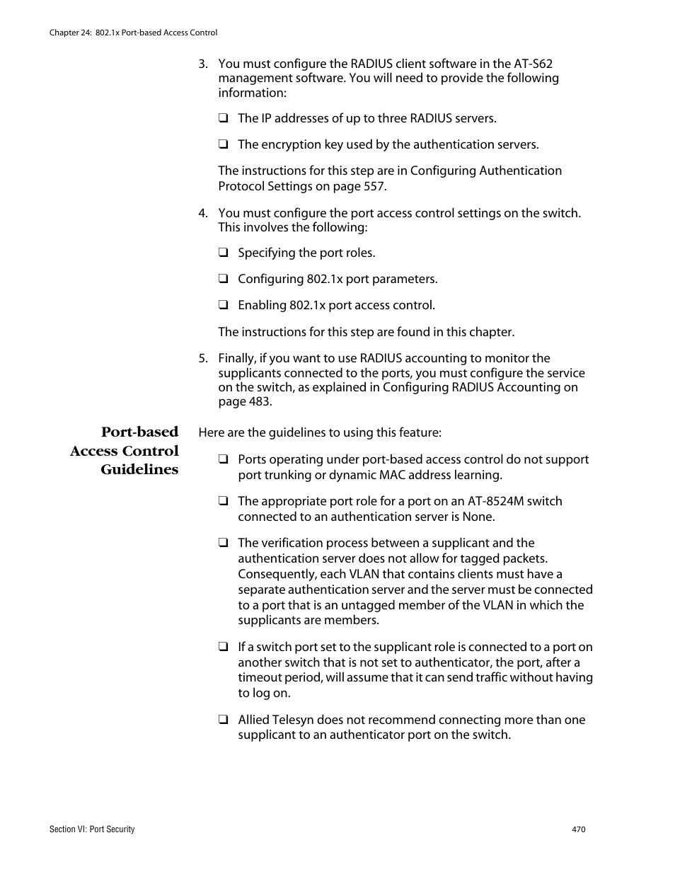 Port-based access control guidelines | Allied Telesis AT-S62 User Manual | Page 470 / 862
