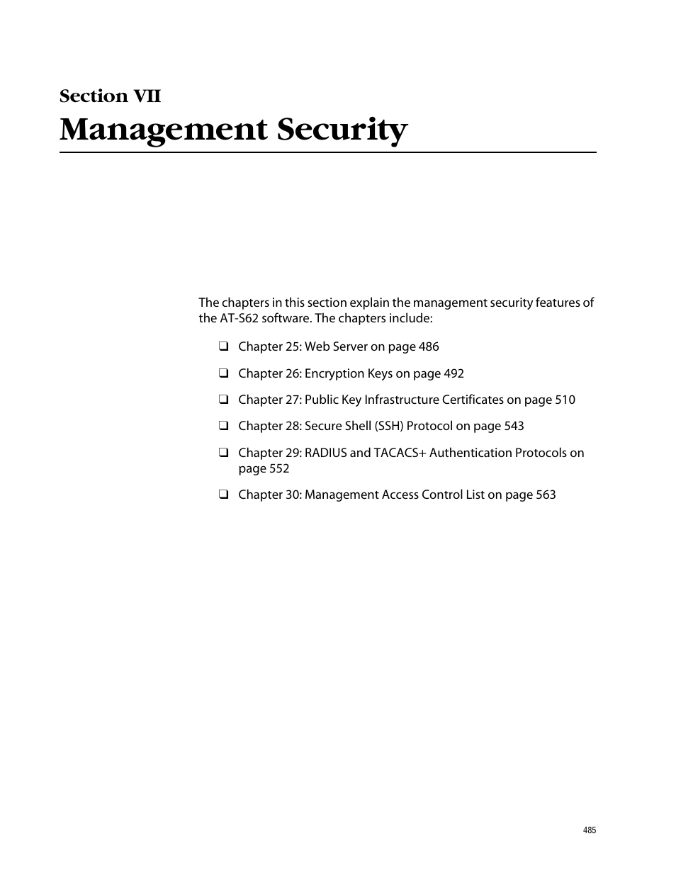 Section vii, Management security, Section vii management security | Allied Telesis AT-S62 User Manual | Page 485 / 862