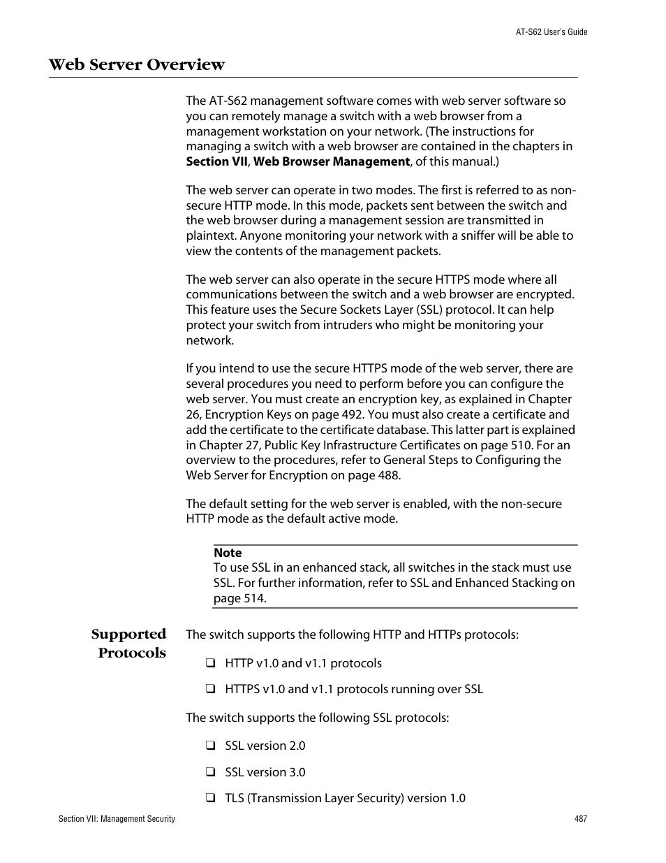 Web server overview, Supported protocols | Allied Telesis AT-S62 User Manual | Page 487 / 862