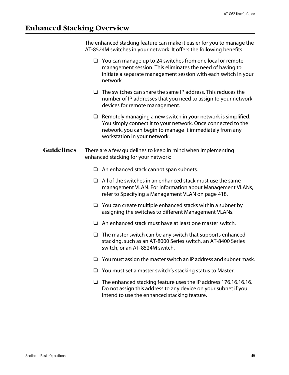Enhanced stacking overview, Guidelines | Allied Telesis AT-S62 User Manual | Page 49 / 862