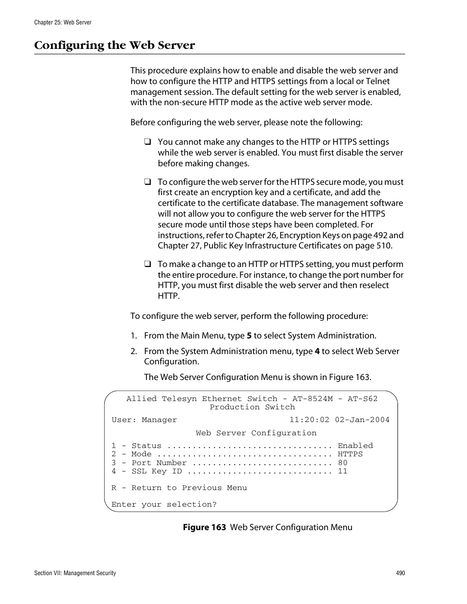 Configuring the web server, Figure 163: web server configuration menu | Allied Telesis AT-S62 User Manual | Page 490 / 862