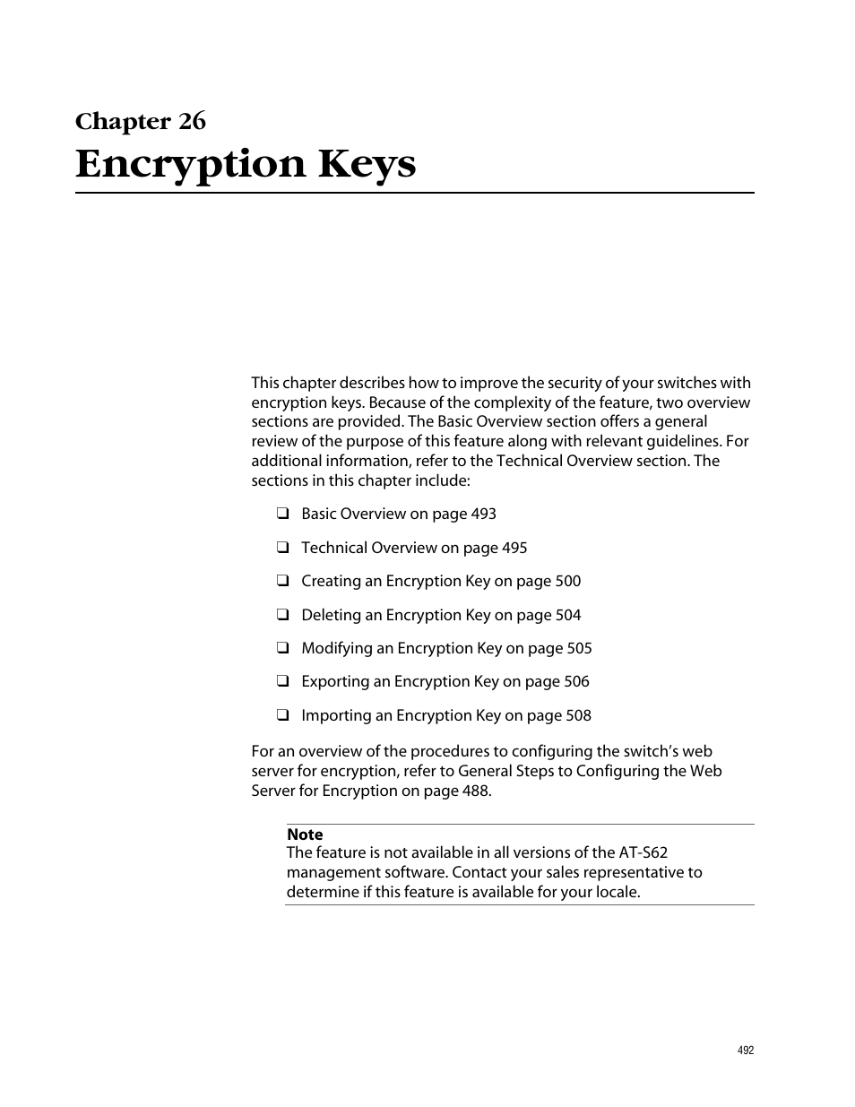 Chapter 26, Encryption keys, Chapter 26 encryption keys | Allied Telesis AT-S62 User Manual | Page 492 / 862