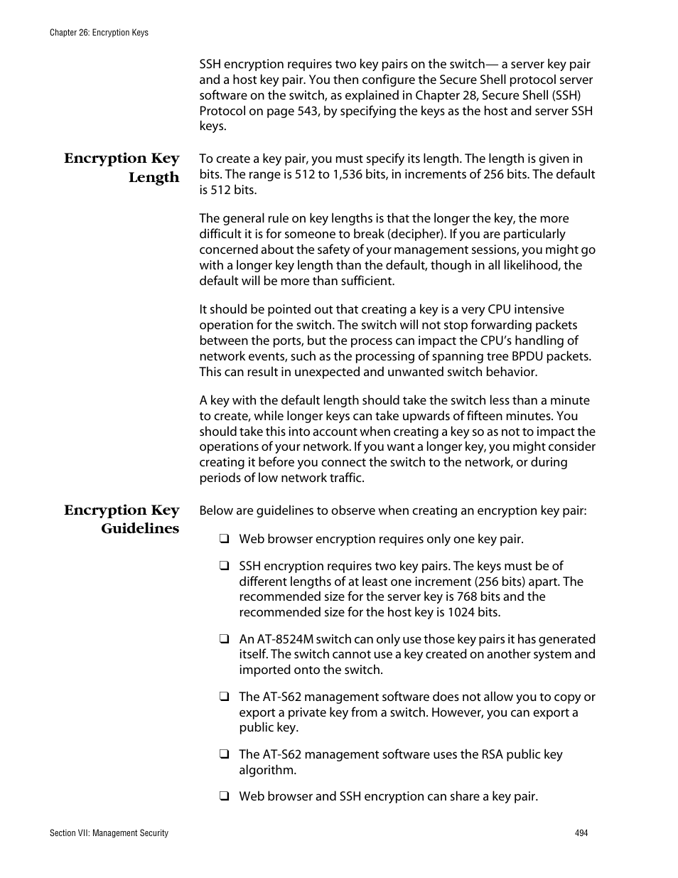 Encryption key length, Encryption key guidelines, Encryption key length encryption key guidelines | Allied Telesis AT-S62 User Manual | Page 494 / 862