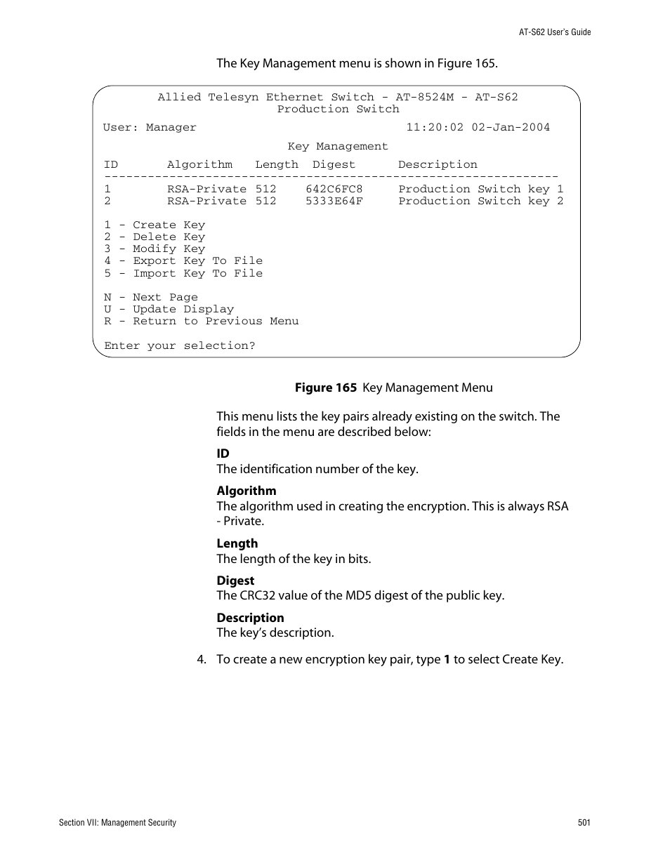 Figure 165: key management menu | Allied Telesis AT-S62 User Manual | Page 501 / 862