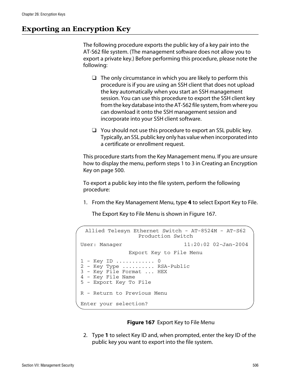Exporting an encryption key, Figure 167: export key to file menu | Allied Telesis AT-S62 User Manual | Page 506 / 862