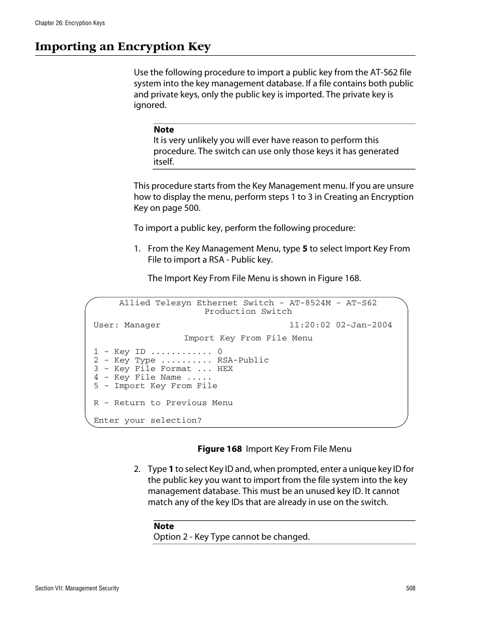 Importing an encryption key, Figure 168: import key from file menu | Allied Telesis AT-S62 User Manual | Page 508 / 862