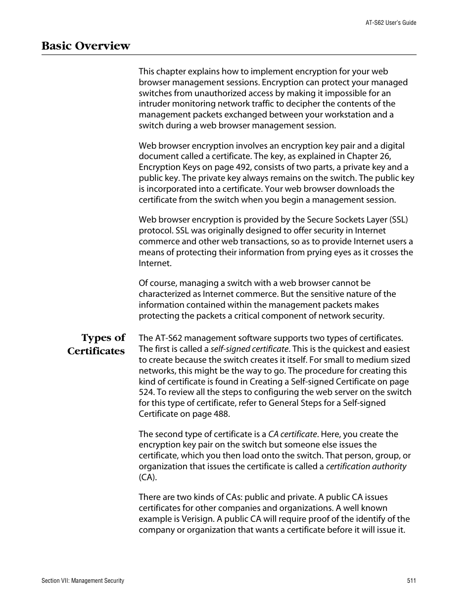 Basic overview, Types of certificates | Allied Telesis AT-S62 User Manual | Page 511 / 862