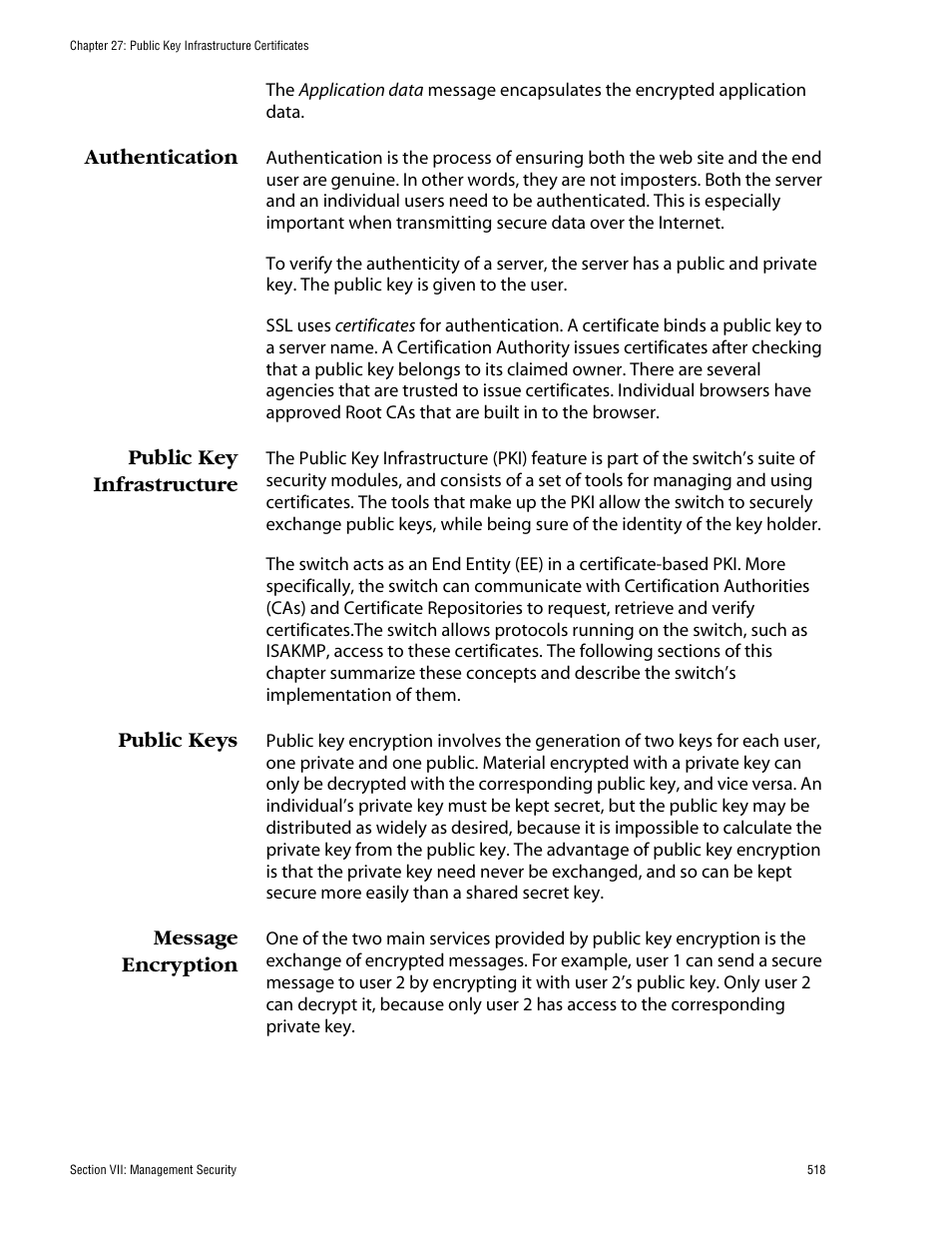 Authentication, Public key infrastructure, Public keys | Message encryption | Allied Telesis AT-S62 User Manual | Page 518 / 862