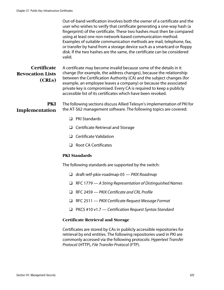 Certificate revocation lists (crls), Pki implementation | Allied Telesis AT-S62 User Manual | Page 522 / 862