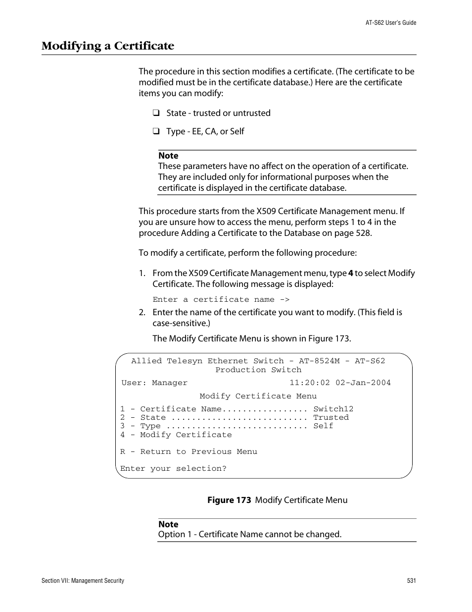 Modifying a certificate, Figure 173: modify certificate menu | Allied Telesis AT-S62 User Manual | Page 531 / 862