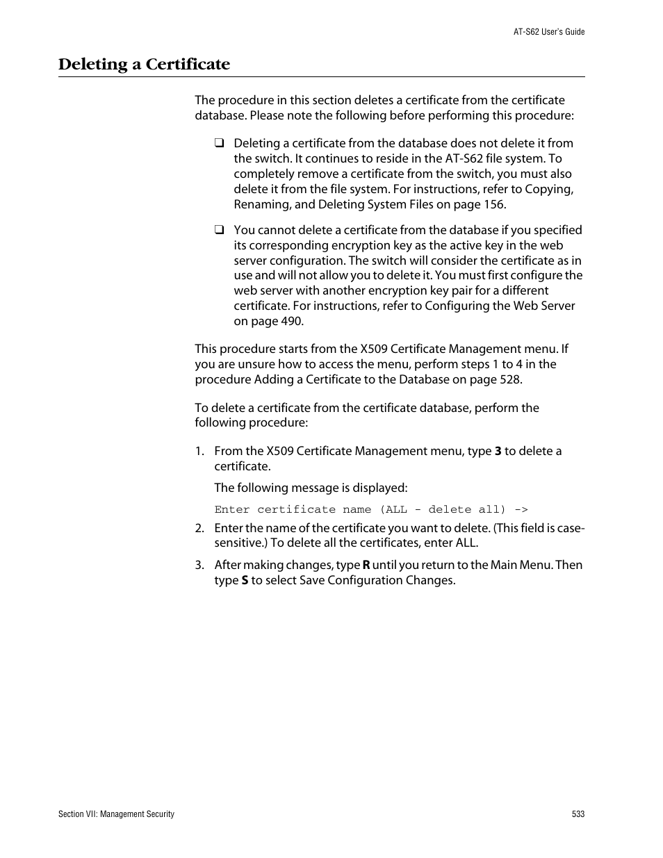 Deleting a certificate | Allied Telesis AT-S62 User Manual | Page 533 / 862