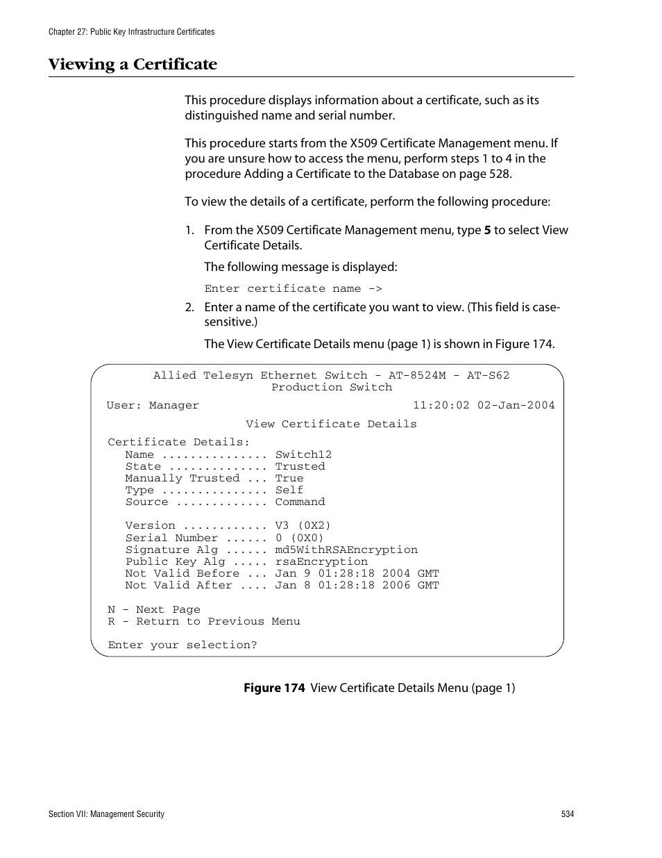 Viewing a certificate | Allied Telesis AT-S62 User Manual | Page 534 / 862
