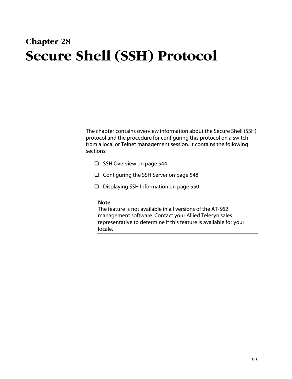 Chapter 28, Secure shell (ssh) protocol, Chapter 28 secure shell (ssh) protocol | Allied Telesis AT-S62 User Manual | Page 543 / 862