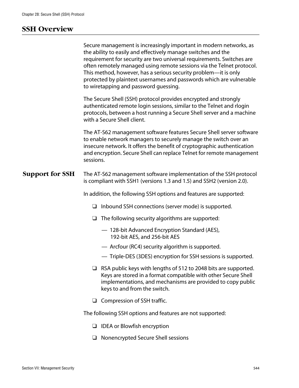 Ssh overview, Support for ssh | Allied Telesis AT-S62 User Manual | Page 544 / 862