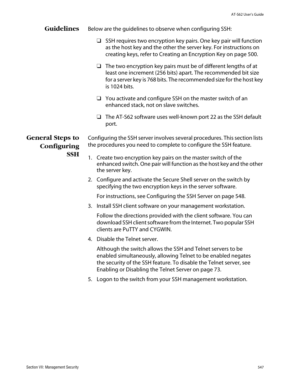 Guidelines, General steps to configuring ssh, Guidelines general steps to configuring ssh | Allied Telesis AT-S62 User Manual | Page 547 / 862