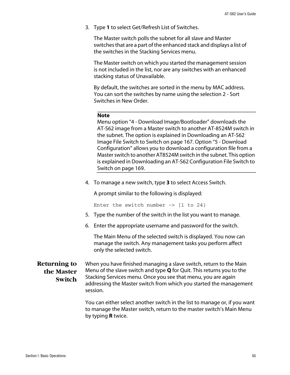 Returning to the master switch | Allied Telesis AT-S62 User Manual | Page 55 / 862