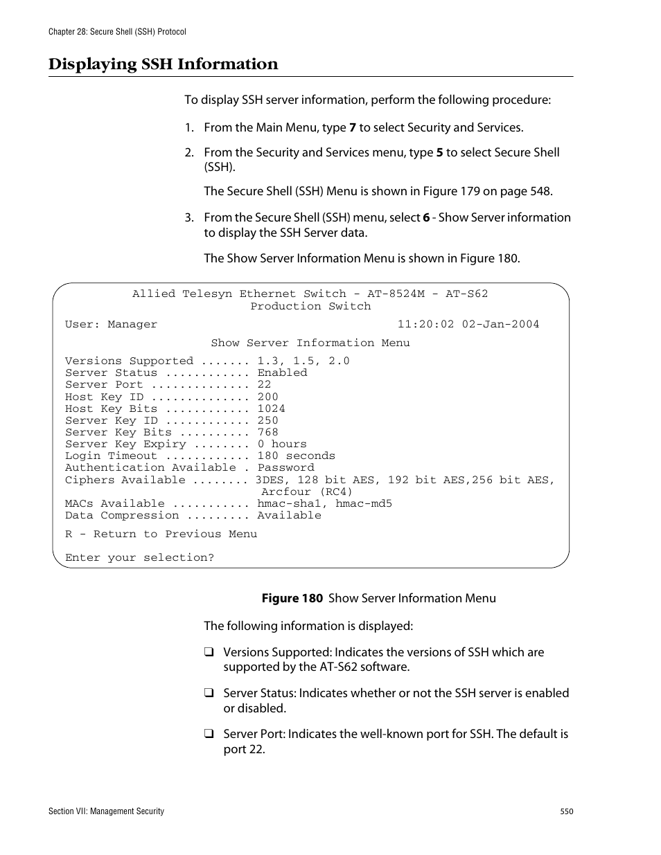 Displaying ssh information, Figure 180: show server information menu | Allied Telesis AT-S62 User Manual | Page 550 / 862