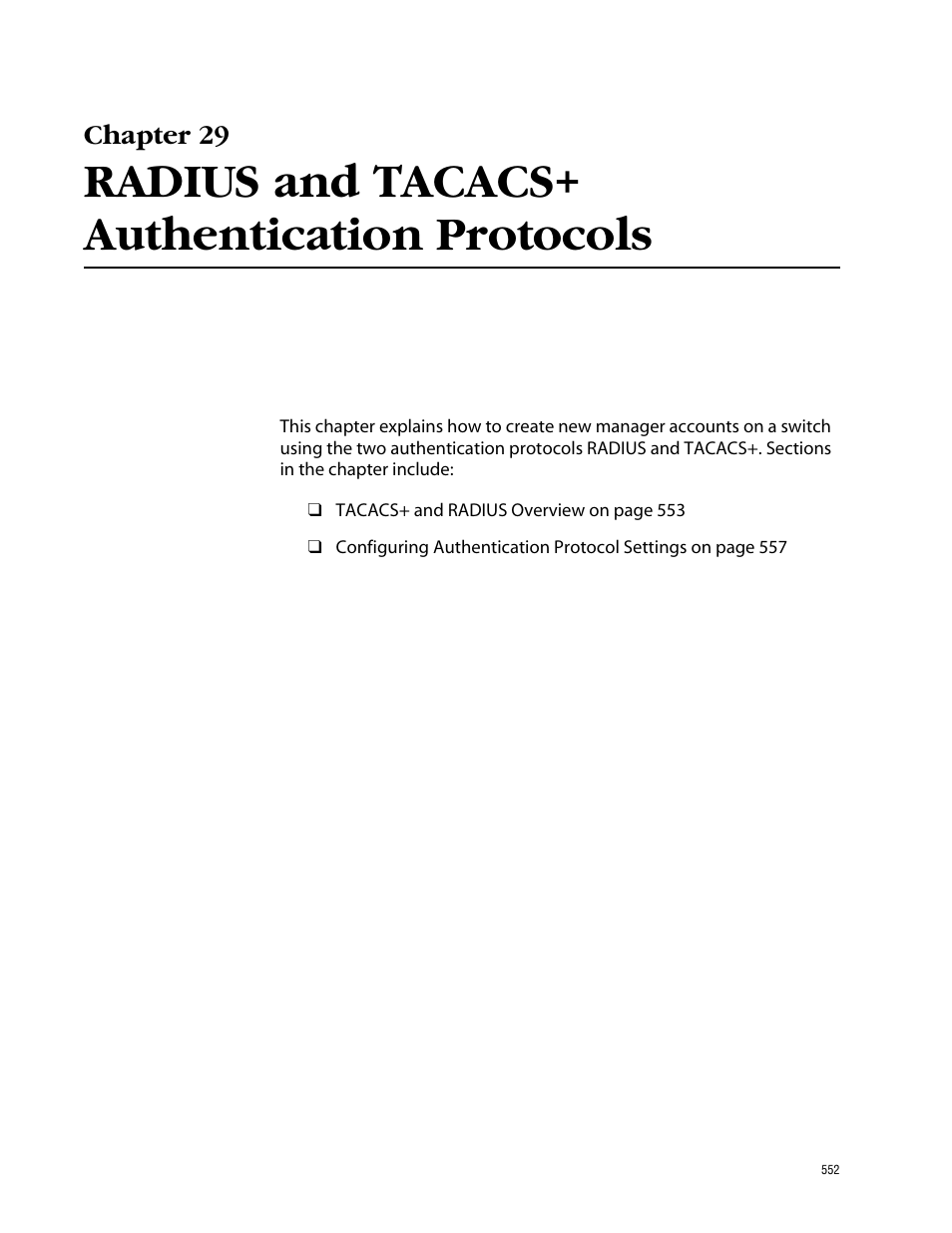 Chapter 29, Radius and tacacs+ authentication protocols | Allied Telesis AT-S62 User Manual | Page 552 / 862