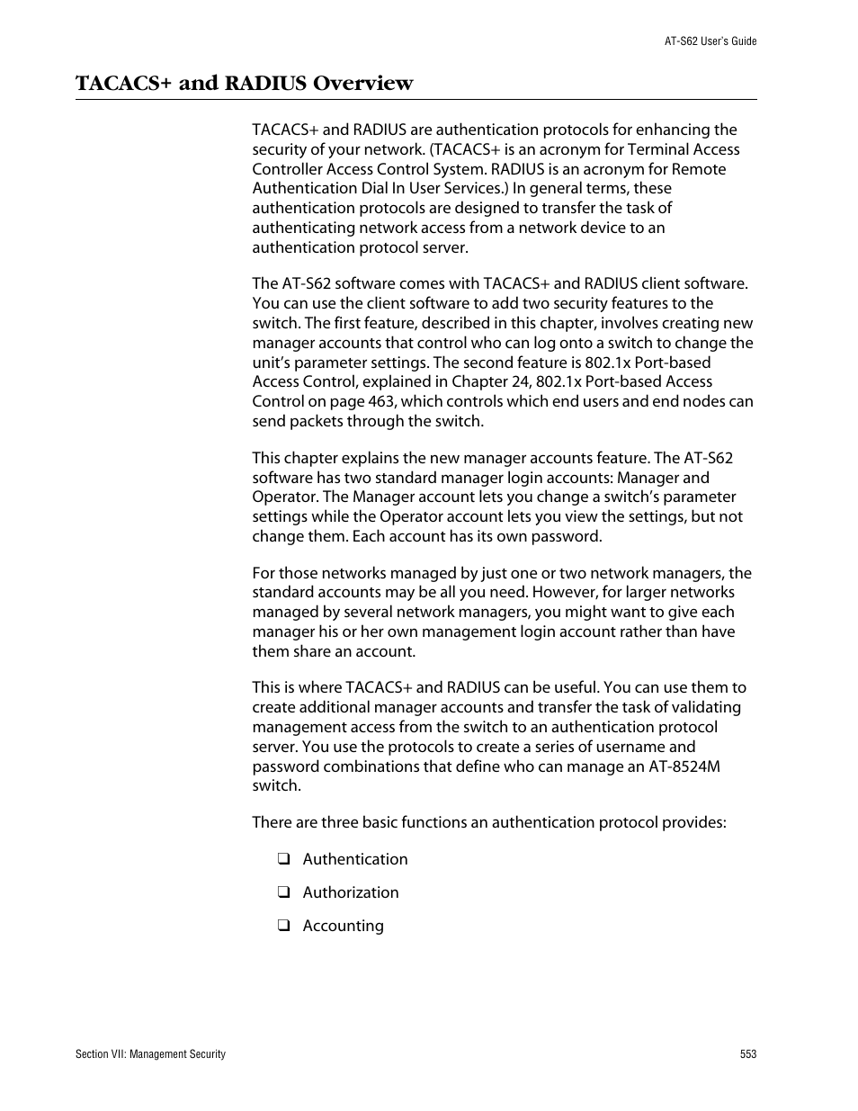 Tacacs+ and radius overview | Allied Telesis AT-S62 User Manual | Page 553 / 862