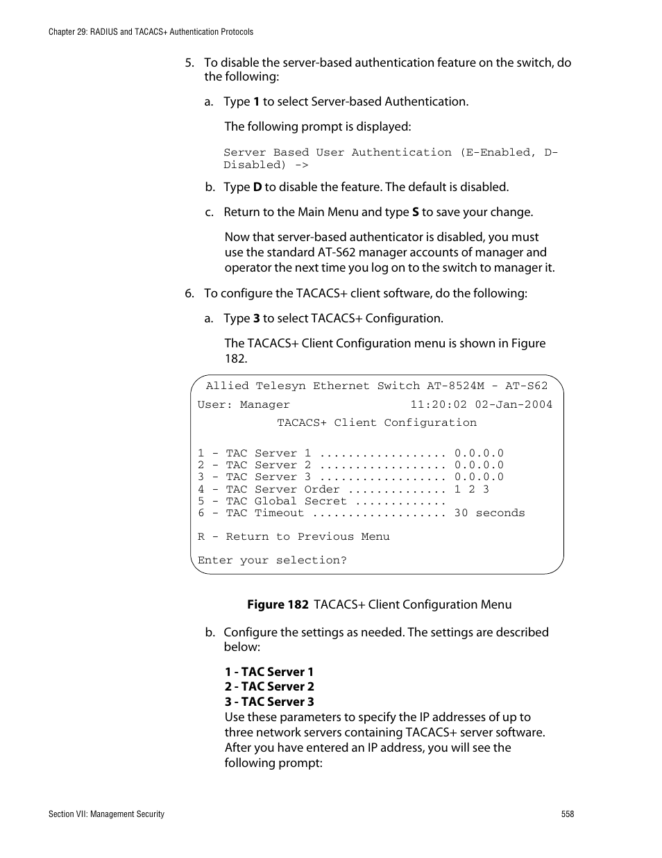 Figure 182: tacacs+ client configuration menu | Allied Telesis AT-S62 User Manual | Page 558 / 862