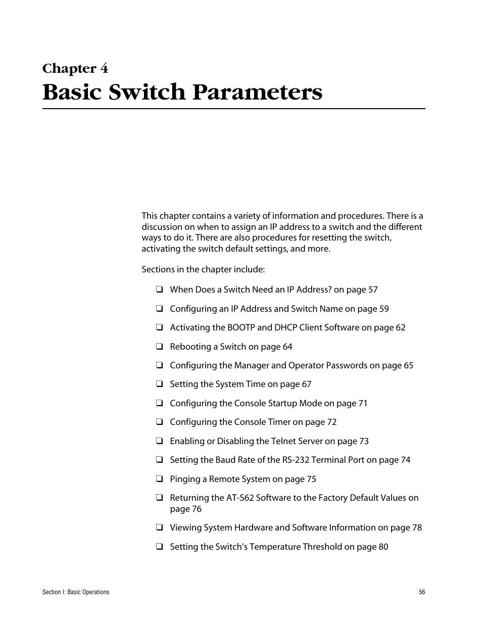 Chapter 4, Basic switch parameters, Chapter 4 basic switch parameters | Allied Telesis AT-S62 User Manual | Page 56 / 862
