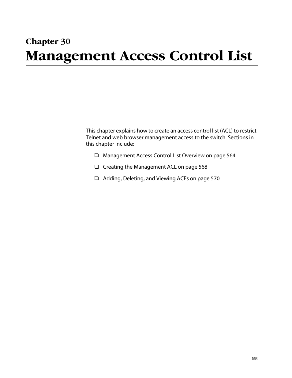 Chapter 30, Management access control list, Chapter 30 management access control list | Allied Telesis AT-S62 User Manual | Page 563 / 862