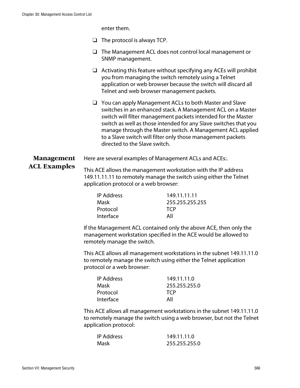 Management acl examples | Allied Telesis AT-S62 User Manual | Page 566 / 862