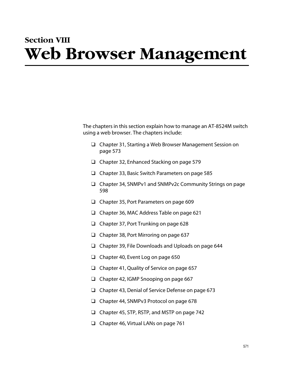 Section viii, Web browser management, Section viii web browser management | Allied Telesis AT-S62 User Manual | Page 571 / 862