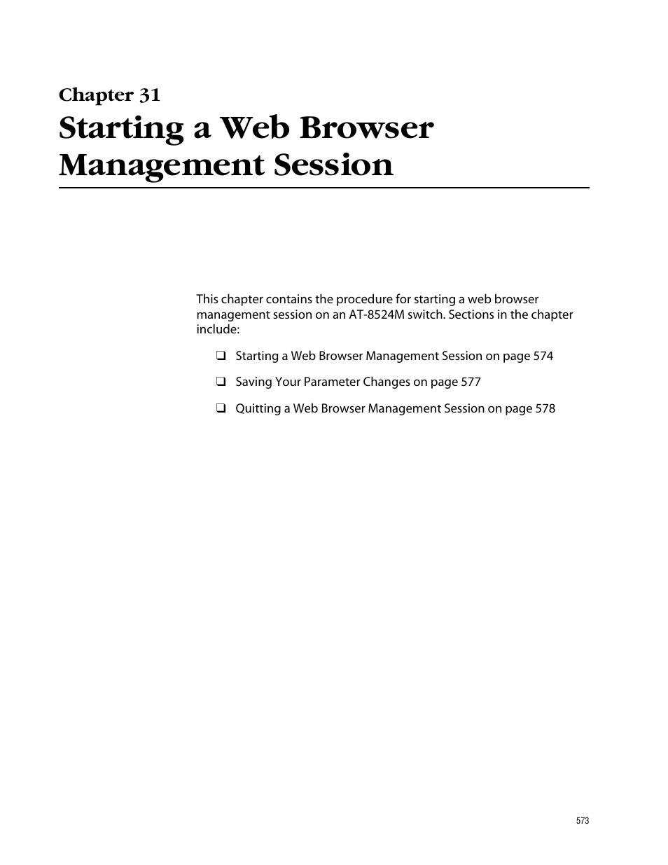 Chapter 31, Starting a web browser management session | Allied Telesis AT-S62 User Manual | Page 573 / 862