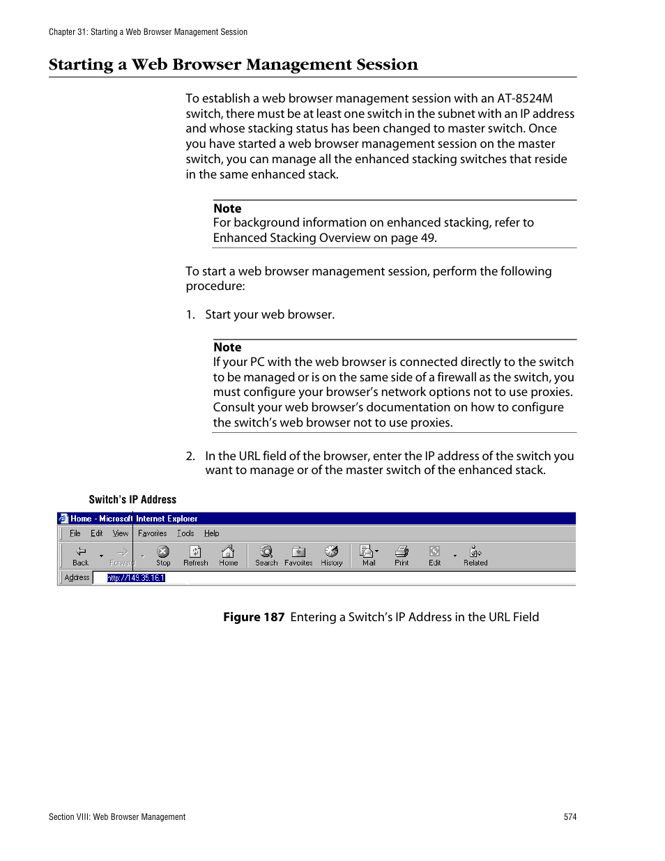 Starting a web browser management session | Allied Telesis AT-S62 User Manual | Page 574 / 862