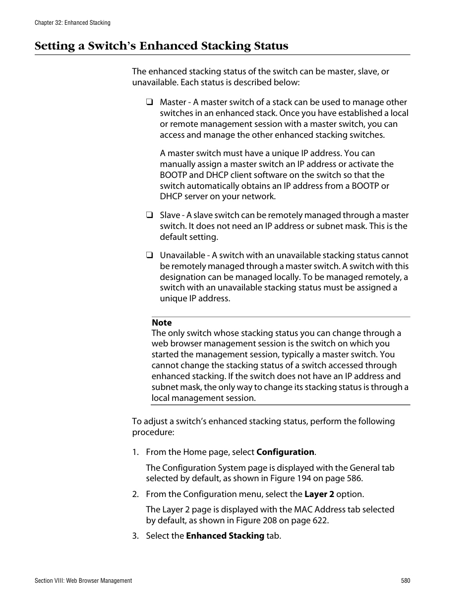 Setting a switch’s enhanced stacking status | Allied Telesis AT-S62 User Manual | Page 580 / 862